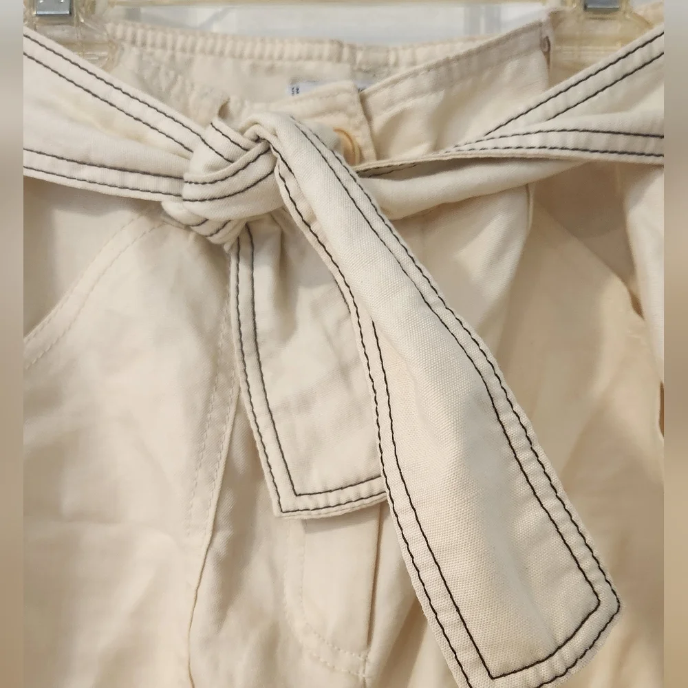 Mango Suit High-Waisted Cream Linen Blend Tie-Belt Pants with Contrast Stitching
